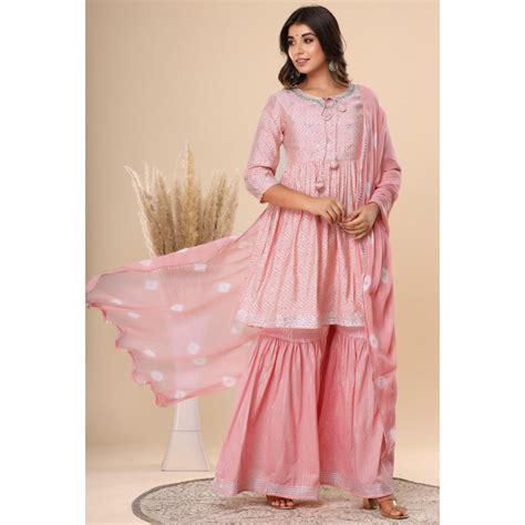 Pink Printed Pure Cotton Sharara Suit