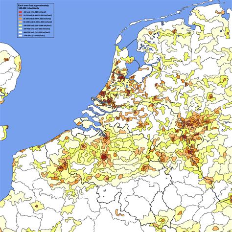 Benelux / low countries population density map, absolute amount 100.000 people (country borders ...