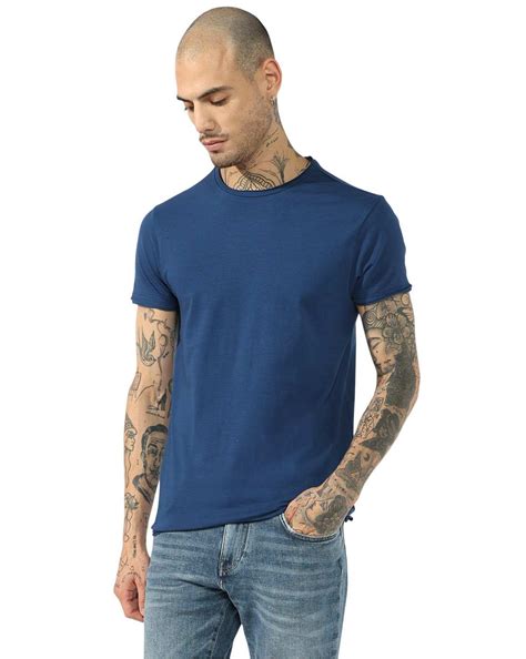 Cotton Spandex Raw Hem Solid Basic Slim Fit Tee