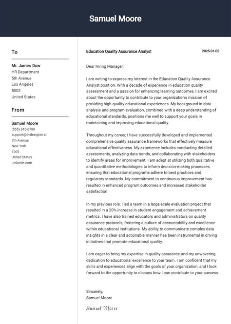 15 Education Quality Assurance Analyst Cover Letter Examples And Templates for 2026 [with ...