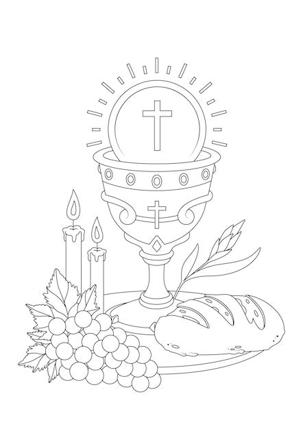 Communion chalice with bread, grapes, and candles | Premium Vector