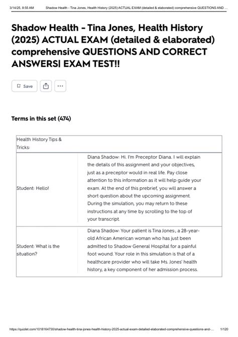 Shadow Health - Tina Jones, Health History (2025) ACTUAL EXAM (detailed ...