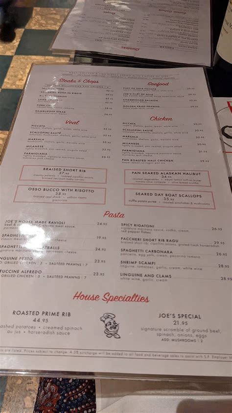 Menu at Original Joe's steakhouse, San Francisco, 601 Union St