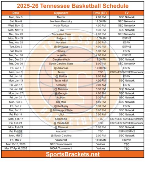 Printable 2025-26 Tennessee Basketball Schedule; PDF format, TV ...