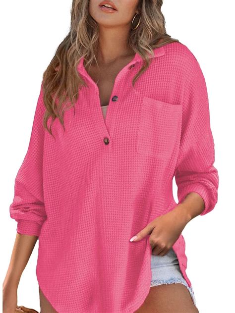 Cuteduck Women's Waffle Knit Tops Henley Casual Shirts Long Sleeve V ...