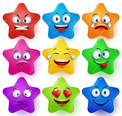 Star faces vector set with colors and facial expressions and different ...