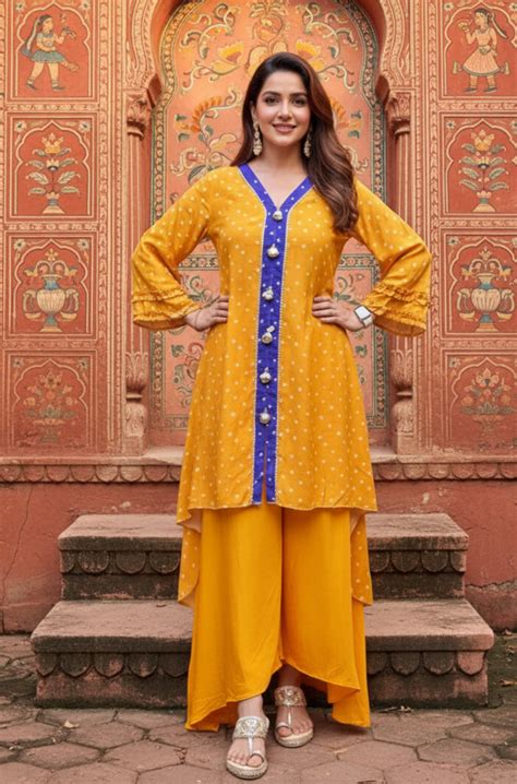 MEHER-Yellow Bandhani High-Low Kurta With Flared Pant - Ishnya