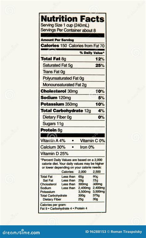 Nutrition Facts of Whole Milk Stock Image - Image of cholesterol ...
