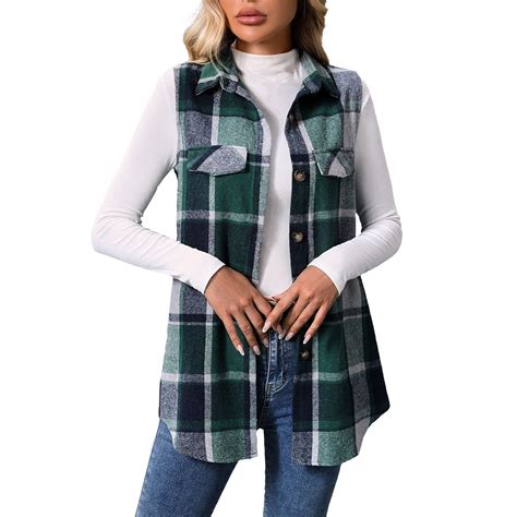 CCRFTGI Plaid Vest for Women Casual Flannel Sleeveless Vest Tops Lapel ...