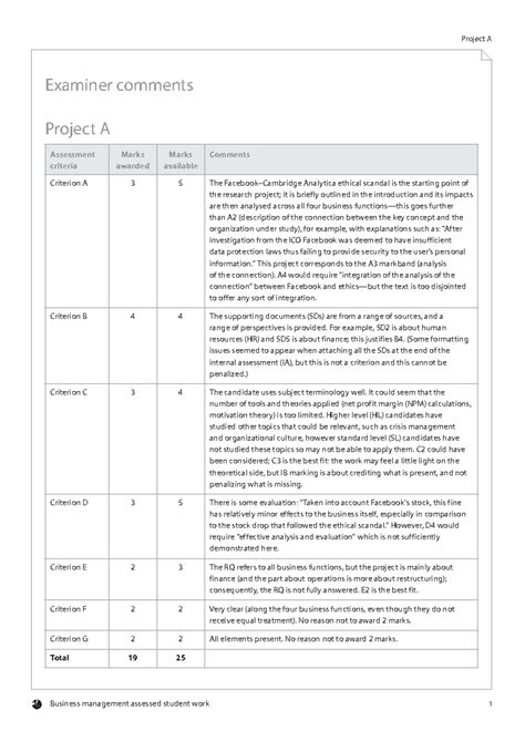 BM IA Sample A - Examiner Comments & Project A Analysis - Studocu
