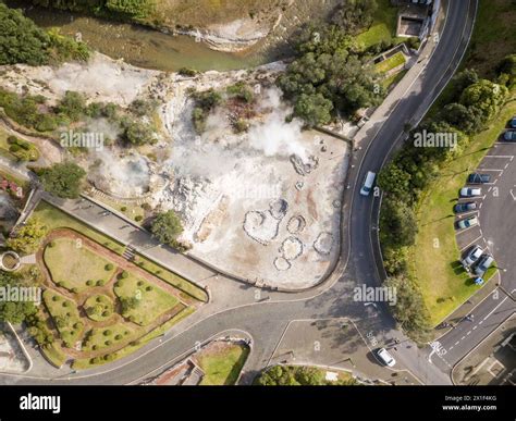 Aerial top dow view of Volcano Caldera Hot Springs Fumaroles in Furnas, São Miguel, Azores ... - how hot is portugal in march