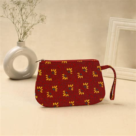 Red Handcrafted Bengal Kantha Work Multipurpose Pouch