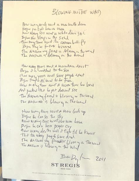 BOB DYLAN'S COMPLETE SIGNED LYRICS TO BLOWING IN THE WIND - Moments In Time