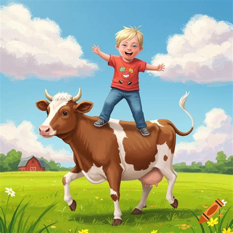 A boy with Down syndrome stands atop a cow in a field. on Craiyon