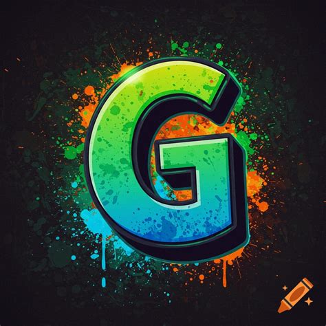 A colorful stylized letter G with paint splatters on a dark background. on Craiyon