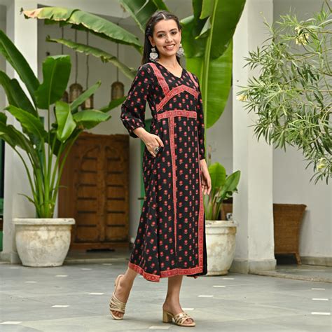 Buy Black Printed Front Slit Alia Cut Dress | Rustorange