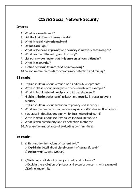 CCS363 Social Network Security Key Questions and Topics Overview - Studocu