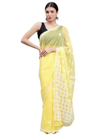 Buy Seva Chikan Hand Embroidered Lucknowi Chikankari Yellow Georgette ...