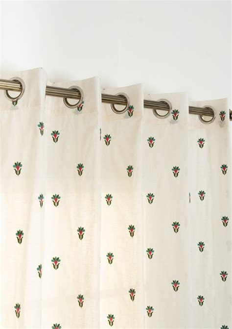 Emerald floral Embroidered 100% cotton Sheer Curtain for living room ...