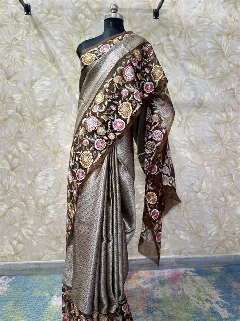 Mocha Tissue Organza Banaras Saree with Resham Embroidery – By Taruni ...