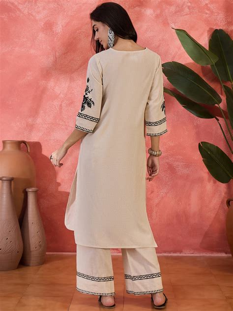Pure Cotton Embroidered Straight With Palazzo Kurta Set – Bunaaiwalaa