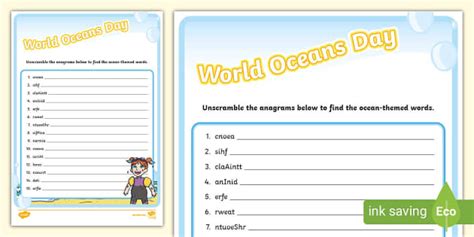 World Oceans Day Ocean Anagram Activity Sheet | Twinkl | KS1