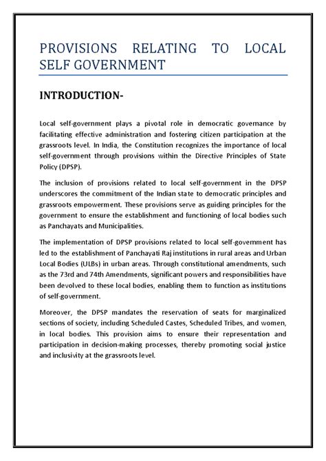 Provisions on Local Self-Government in the Indian Constitution (DPSP ...