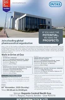 Intas Pharmaceuticals Walk-In Job Drive in Goa – November 2025 - ITI ...