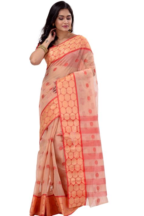 Off-White Pure Cotton Ganga Jamuna Tant Saree (373) | PuJoy Fashion