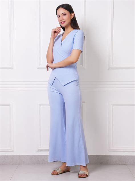 Powder Blue Ribbed Co-Ord Set Wrap Top & Flared Pants – Exude