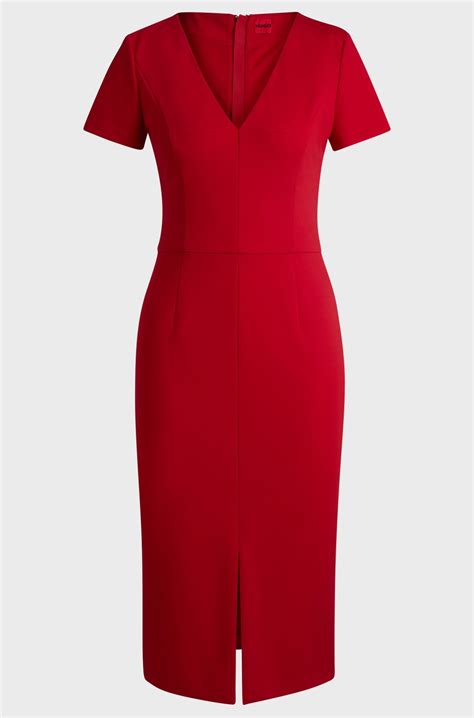 HUGO - V-neck slim-fit midi dress in stretch fabric - Red