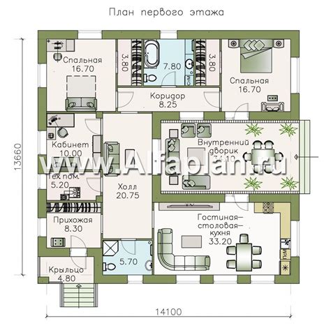 624B «Атриум» - проект одноэтажного дома из газобетона, планировка с ...