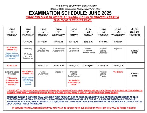 June 2025 Regents Exam Schedule – AuSable Valley Central School District