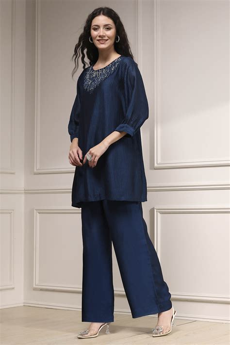 Buy Blue Self-Designed Straight Kurta Set Online at Biba India