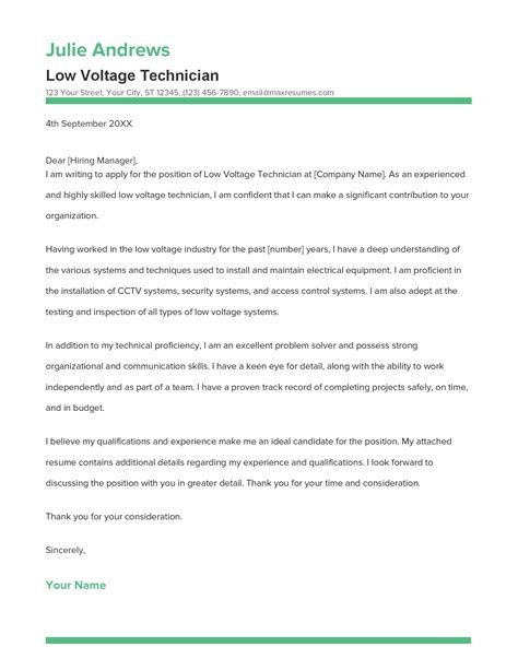Best Low Voltage Technician Cover Letter Example for 2023