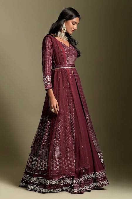 Buy Maroon Georgette, Dupatta Net Sequin And Resham Embroidered ...