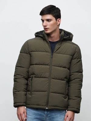 Buy SELECTED HOMME Green Hooded High Neck Puffer Jacket Online