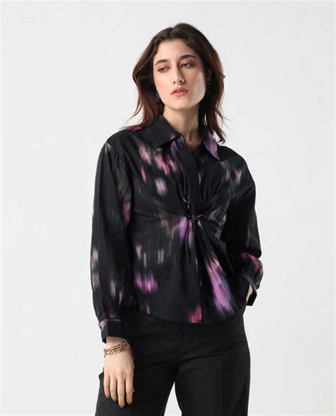 Rareism Women's Ellyn Black Cotton Bishop Sleeve Collared Neck Relaxed