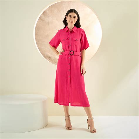 Hot Pink Mid-Length Linen Shirt Dress – First Resort by Ramola Bachchan