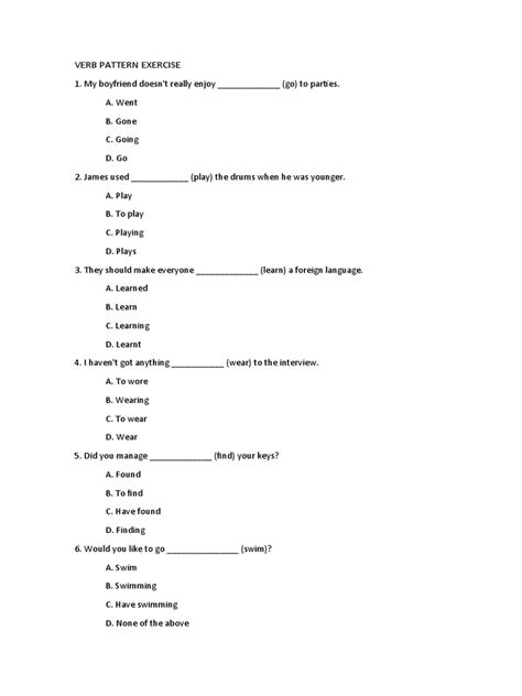 Verb Patterns Exercises 的图像结果