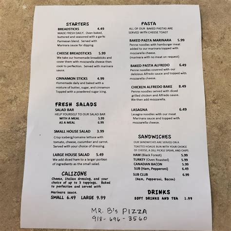 Menu at Mr B's Pizza pizzeria, Stilwell