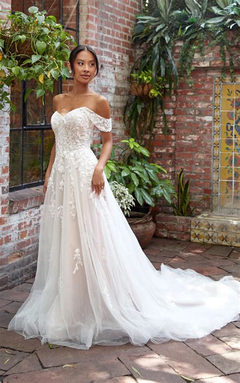 Off-the-Shoulder Lace Wedding Gown with Glitter Tulle Skirt