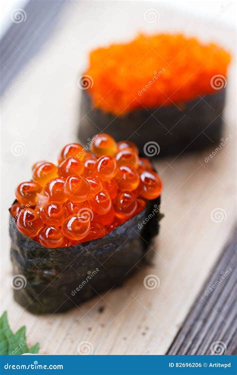 Closed Up Ikura Salmon Roe Sushi with Tobiko Flying Fish Roe Sushi from ...