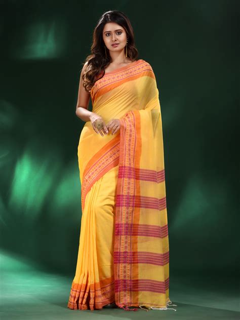 Yellow Cotton Soft Saree With Begumpuri Design – Charukriti