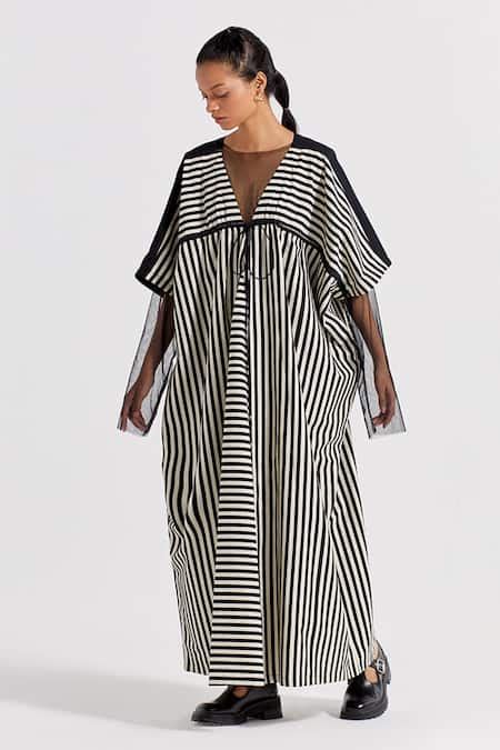 Buy Black Poplin V-neck Stripe Pattern Kaftan For Women by THREE Online ...
