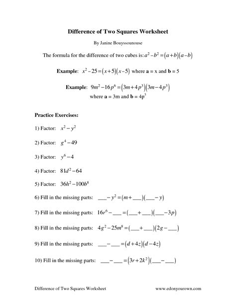 Factor Difference Of Two Squares Worksheet - FactorWorksheets.com