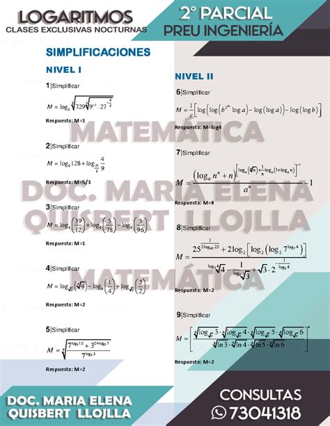 Práctica de logaritmos - SIMPLIFICACIONES NIVEL I 1|Simplificar 4 3 4 1 ...