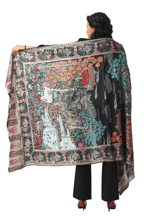 Shop Authentic Black Mughal Darbar Pure Wool Kalamkari Shawl – Taroob.in