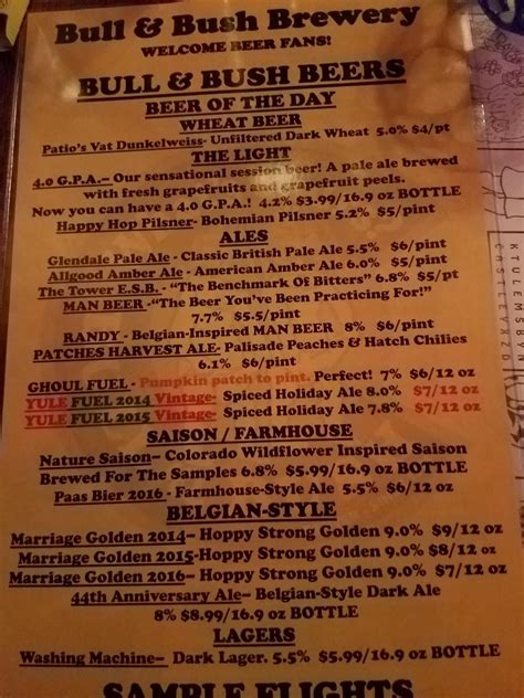 Menu at Bull & Bush Brewery pub & bar, Denver