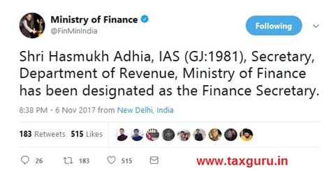 Hasmukh Adhia designated as Finance Secretary